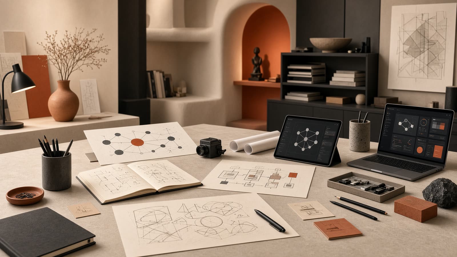 A working studio where strategy, devices, and planning materials share one table.