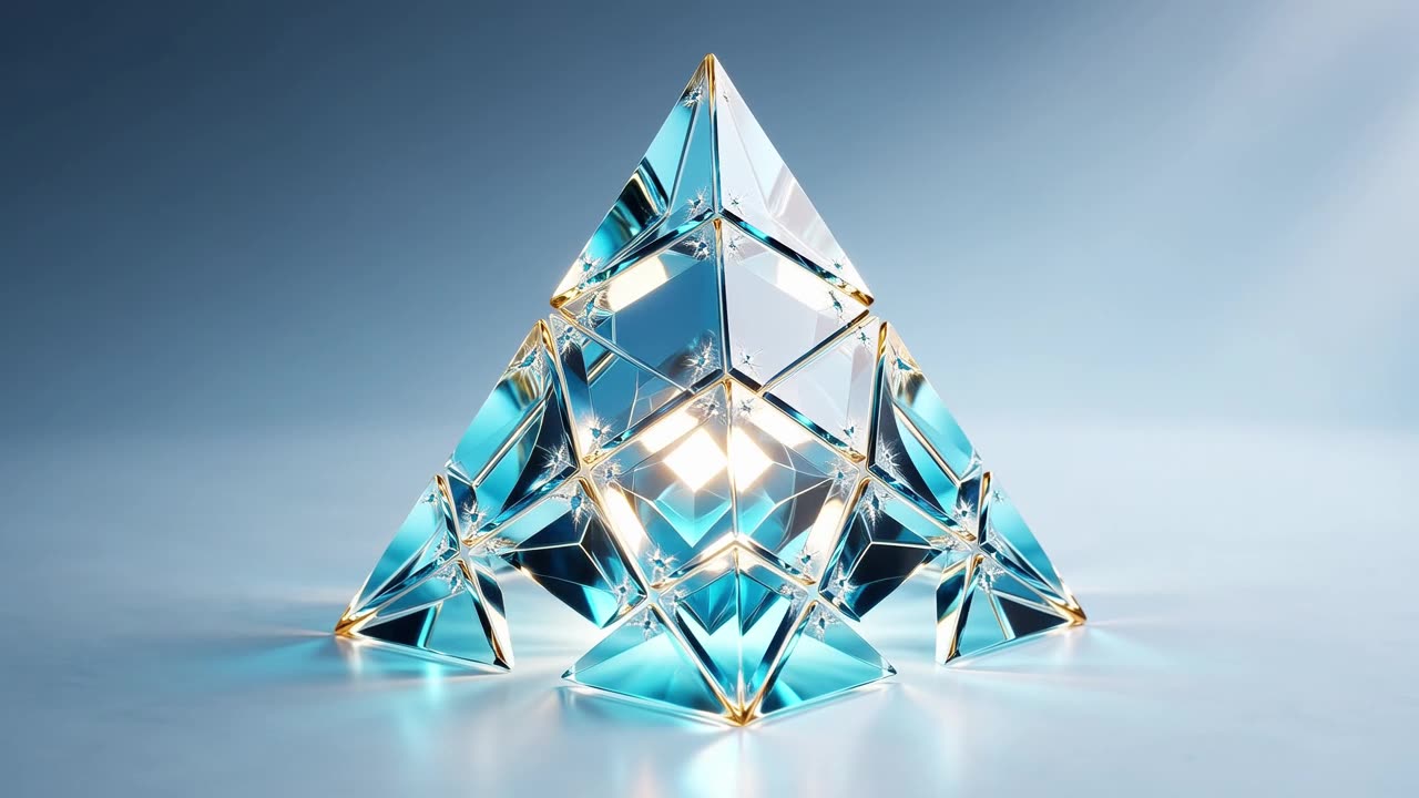 Glass cubes shatter and lock into a pyramid — the system coming into order.