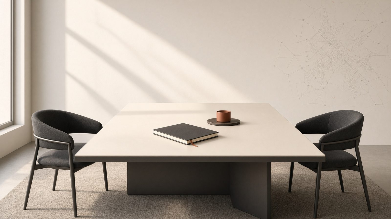 A prepared table for a serious business conversation.